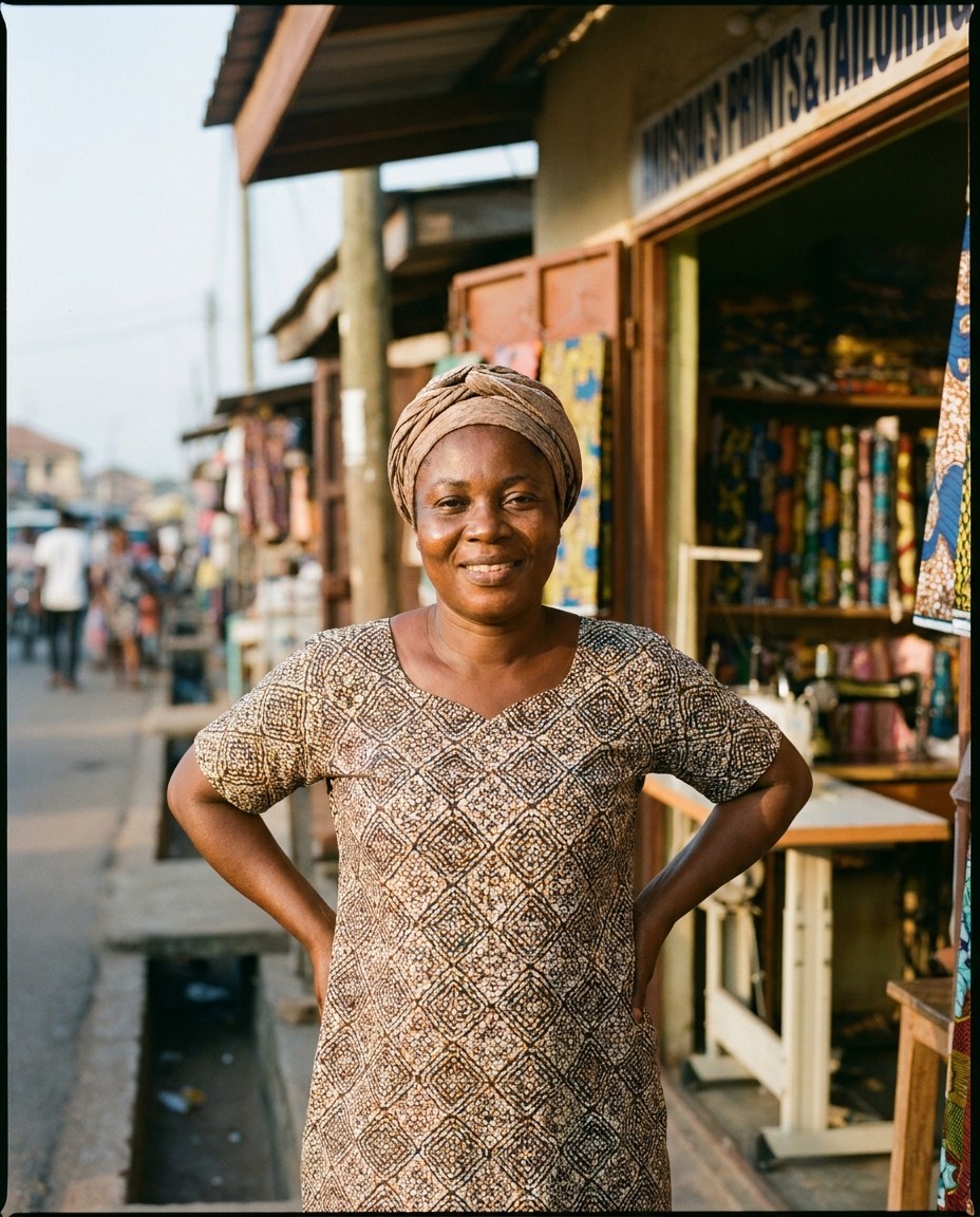 A tailor outside her shop in Accra