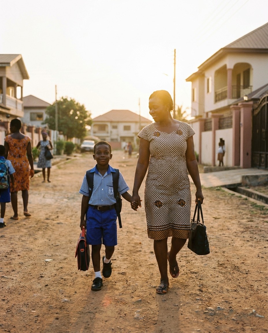 A mother walking her son to school in Accra